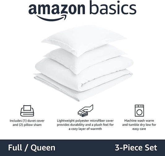Amazon Basics Lightweight Microfiber 3 Piece Duvet Cover Set with Zipper Closure, Full/Queen, Bright White, Solid