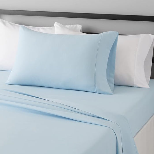 Amazon Basics Lightweight Super Soft Breathable Easy Care Microfiber 3-Piece Bed Sheet Set with 14-Inch Deep Pockets, Twin XL, Light Blue, Solid AmazonBasics
