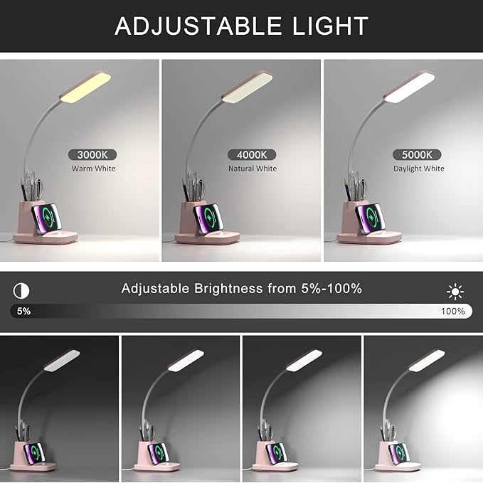 Desk Lamps for Home Office, LED Desk Lamp with Wireless Charger Pencil Holder, 3 Color Modes Dimming Desk Light for College Dorm Room, Girls Study Lamp with CRI 90+ 800 Lumen - Pink