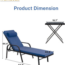 Patio Chaise Lounge Set 3 Pieces Pool Lounge Chairs,Cushioned Outdoor Folding Lounge Chair w/Arm and Rattan Adjustable Backrest for Poolside Porch,Folding Table Included,NavyBlue