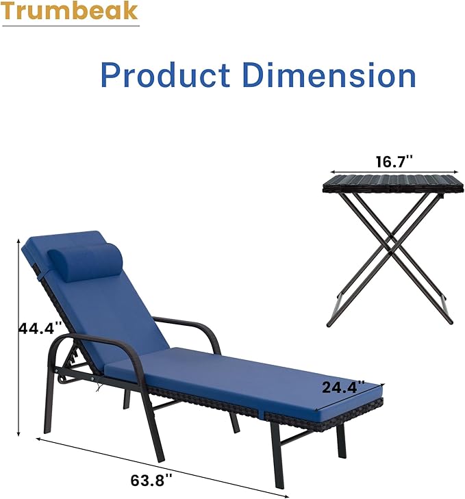 Patio Chaise Lounge Set 3 Pieces Pool Lounge Chairs,Cushioned Outdoor Folding Lounge Chair w/Arm and Rattan Adjustable Backrest for Poolside Porch,Folding Table Included,NavyBlue