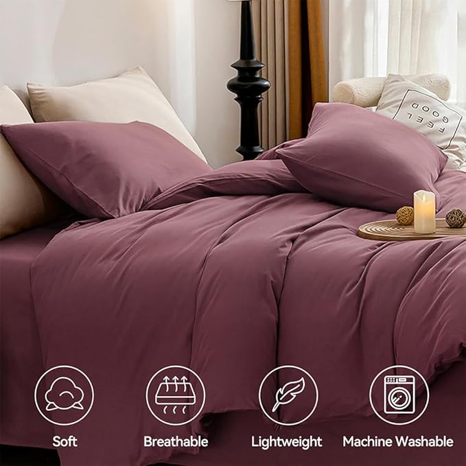 JELLYMONI Plum Duvet Cover Full Size - 100% Washed Cotton Linen Like Textured Comforter Cover, 3 Pieces Breathable Soft Bedding Set with Zipper Closure (Plum, 80"x90")