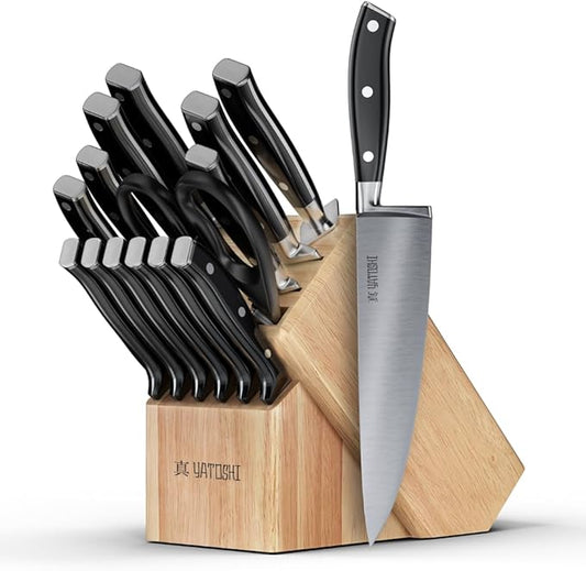 Yatoshi 15 Piece Black Knife Block Set - Pro Kitchen Knife Set Ultra Sharp High Carbon Stainless Steel with Ergonomic Handle