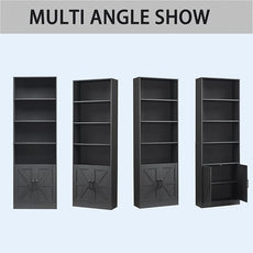 70in Tall Bookshelf 6 Tier Bookcase with Barn Doors and Adjustable Shelf, Black Farmhouse Book Shelves with Storage Cabinet,Wood Floor Standing Display Bookshelve for Bedroom,Living Room,Kitchen