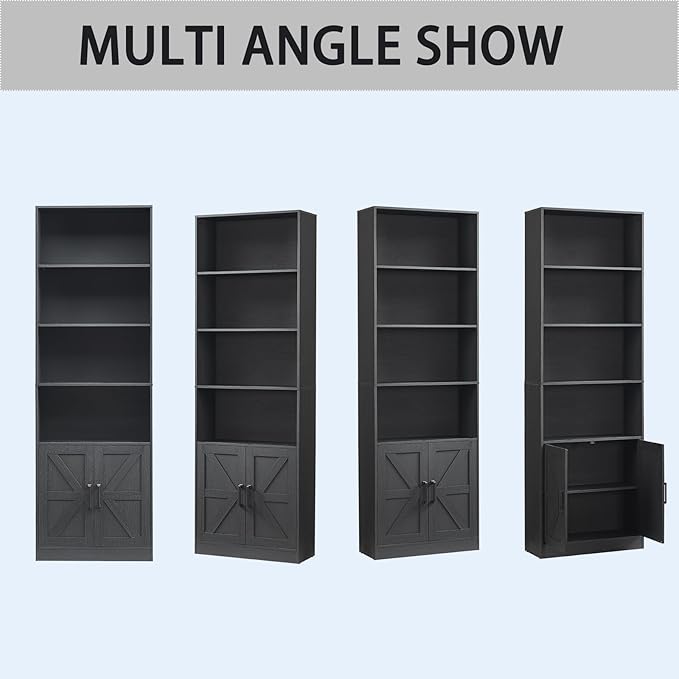 70in Tall Bookshelf 6 Tier Bookcase with Barn Doors and Adjustable Shelf, Black Farmhouse Book Shelves with Storage Cabinet,Wood Floor Standing Display Bookshelve for Bedroom,Living Room,Kitchen