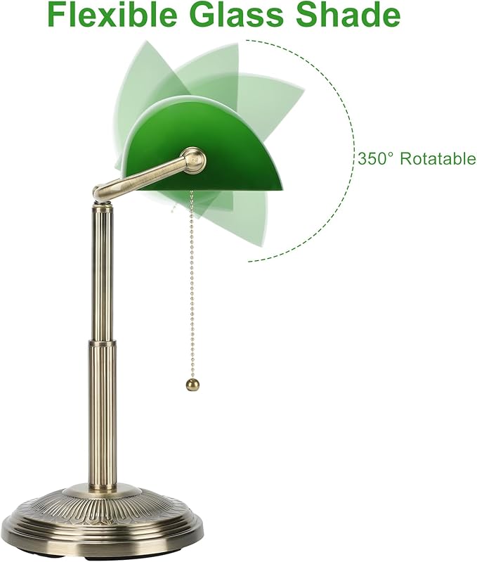 LINNMON Bankers Desk Lamp, Green Retro Lamp, Vintage Lamp with Pull Chain Switch for Home Office (Brass+Green)