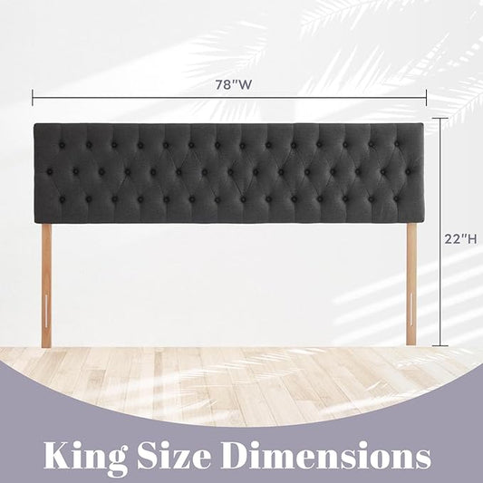 Kingfun Tufted Upholstered King Size Bed Headboard in Modern Button Design, Adjustable Solid Wood Head Board, Premium Linen Fabric Padded Headboards in Bedroom (Dark Grey)