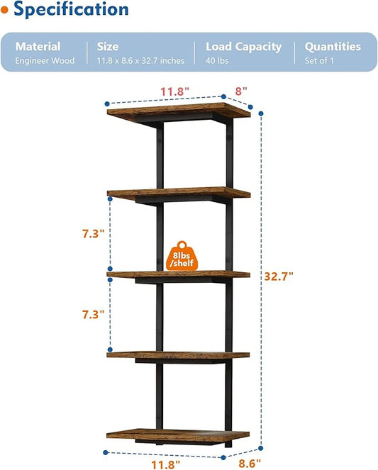 5 Tier Wall Bookshelf Unit for Bedroom Books, Large Floating Book Shelves Wall Mounted, Rustic Wood Lack Tiered Hanging Shelf for Kitchen Office Living Room Corner (Dark Brown)