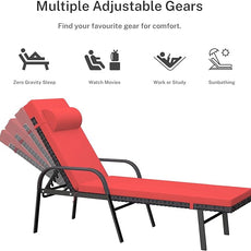 Patio Chaise Lounge Set 3 Pieces Pool Lounge Chairs,Cushioned Outdoor Folding Lounge Chair w/Arm and Rattan Adjustable Backrest for Poolside Porch,Folding Table Included,Red