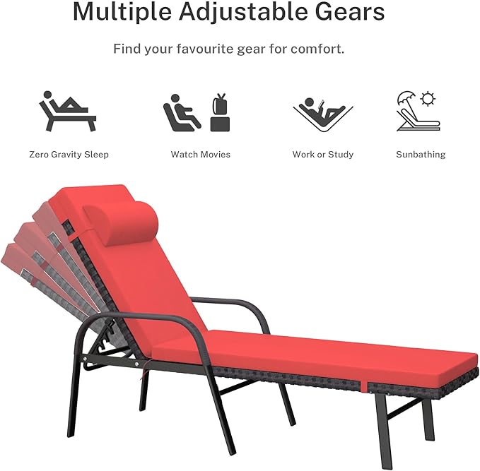 Patio Chaise Lounge Set 3 Pieces Pool Lounge Chairs,Cushioned Outdoor Folding Lounge Chair w/Arm and Rattan Adjustable Backrest for Poolside Porch,Folding Table Included,Red