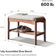 Solid Wood Shoe Bench Assembled, Shoe Rack Bench with Cushion for Entryway, Living Room, Bedroom, Hallway, 11.8