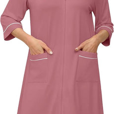 Ekouaer Zipper Robes for Women 3/4 Sleeve Housecoats Knee Length Bathrobe Lightweight Nightgown with Pockets S-3XL