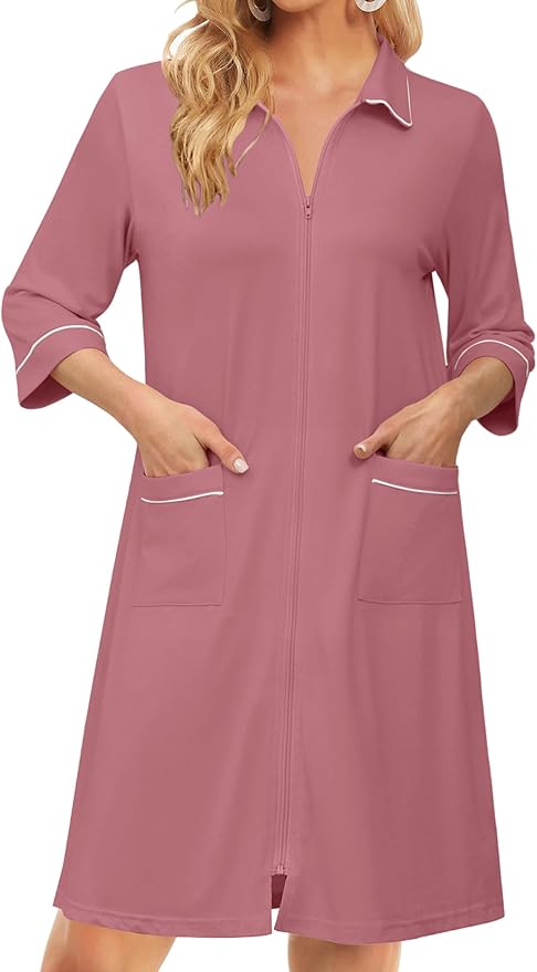 Ekouaer Zipper Robes for Women 3/4 Sleeve Housecoats Knee Length Bathrobe Lightweight Nightgown with Pockets S-3XL