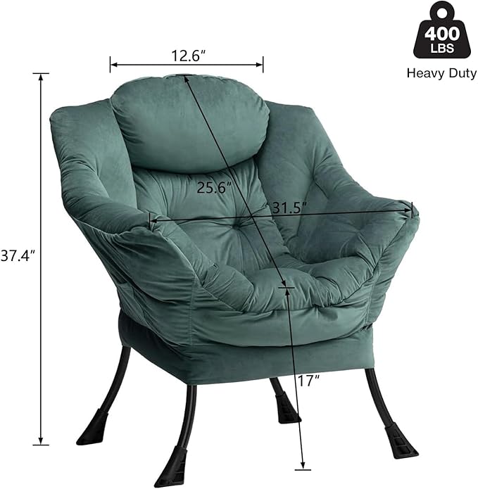 HollyHOME Lazy Chair with Armrest and Side Pocket, Comfy Accent Lounge Chair,Leisure Sofa Armchair for Living Room, Bedroom, Dorm, or Small Spaces, Oversized Reading Sofa Chair,Velvet Dark Atrovirens