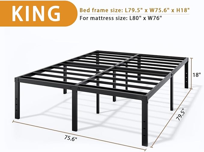 Metal Bed Frame King Size - 18 Inch Heavy-Duty King Platform Bed Frame No Box Spring Needed, Easy Assembly, Noise-Free, Sturdy Mattress Foundation, Underbed Storage Space