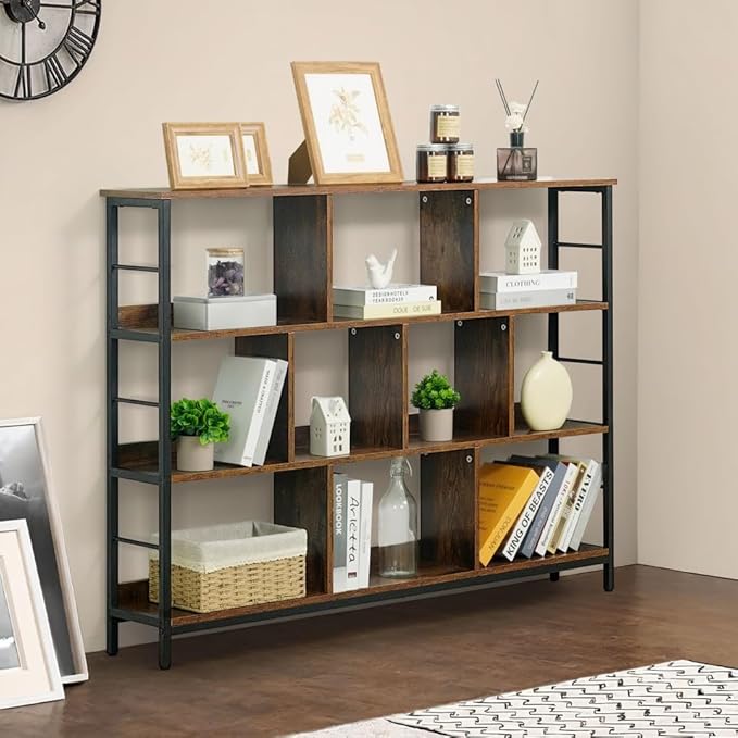 CAPHAUS 10 Cube Storage Organizer, 55” Wide 3 Tier Rustic Oak Industrial Open Shelf Bookcase, Display Shelf, Horizontal Bookshelf with Metal Frame, Wooden Board, for Living Room, Bedroom, Office