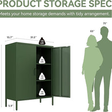 Metal Locker Cabinet, Green Storage Cabinets with 2 Doors and Adjustable Shelves, 3 Tier Modern Storage Freestanding Sideboard for Living Room,School,Office Home Kitchen and Coffee Bar