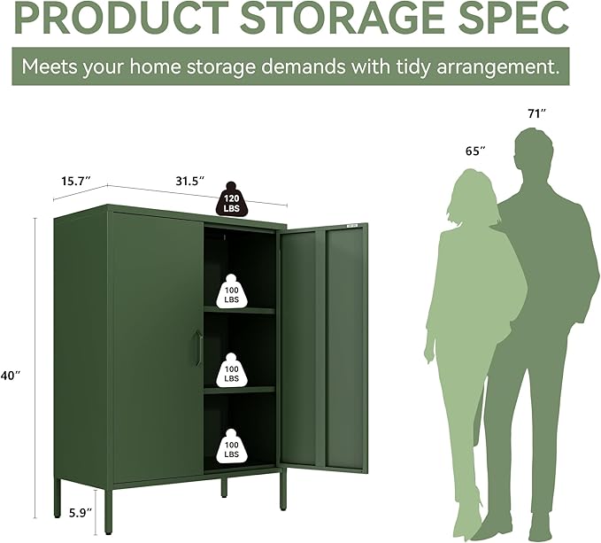Metal Locker Cabinet, Green Storage Cabinets with 2 Doors and Adjustable Shelves, 3 Tier Modern Storage Freestanding Sideboard for Living Room,School,Office Home Kitchen and Coffee Bar