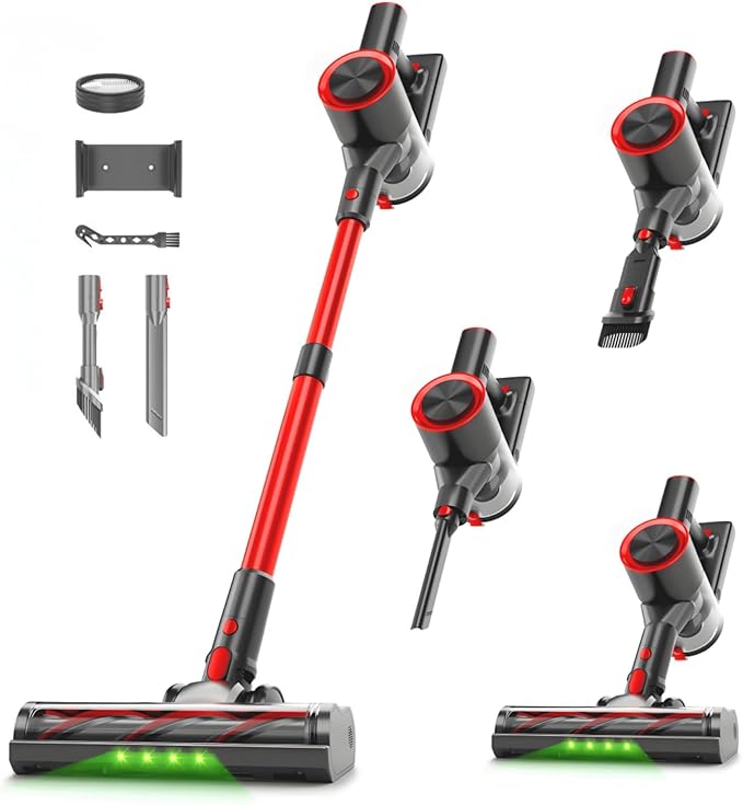Cordless Stick Vacuum Cleaner, 38Kpa Powerful Suction Vacuum Cleaner with LED Headlight, Detachable Battery, 8-in-1 Lightweight Handheld Vacuums for Pet Hair Carpet and Hardwood Floor, Red