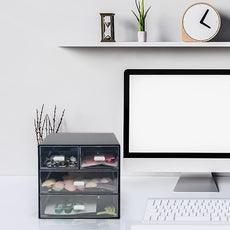 Desk Organizer with Drawer, Desk Storage Box, Plastic Office Stationery Supplies Organizers, Desktop Organizer for Office School Home (4 drawer, Black)