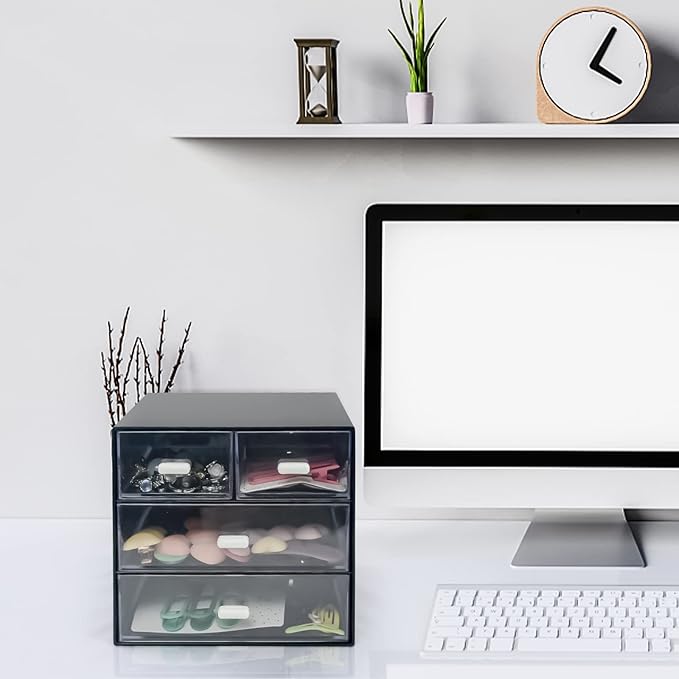 Desk Organizer with Drawer, Desk Storage Box, Plastic Office Stationery Supplies Organizers, Desktop Organizer for Office School Home (4 drawer, Black)