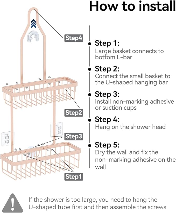 YASONIC Shower Caddy Hanging, Never Rust Shower Organizer Hanging, Aluminum Shower Racks for Inside Shower with Hooks for Razor, Bathroom Organizers and Storage with Soap Holder, Rose Gold