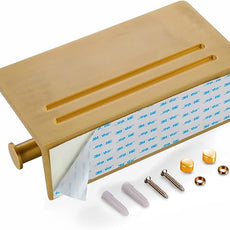 Double Toilet Paper Holder with Shelf, Commercial Toilet Paper Roll Dispenser Wall Mount with Cell Phone Storage Rack, Aluminium Fits Mega Roll Dual Toilet Paper Tissue Holder Brushed Gold