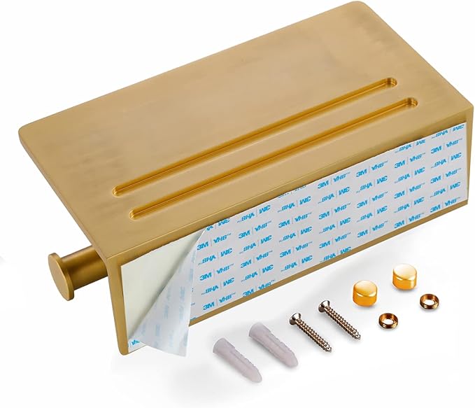 Double Toilet Paper Holder with Shelf, Commercial Toilet Paper Roll Dispenser Wall Mount with Cell Phone Storage Rack, Aluminium Fits Mega Roll Dual Toilet Paper Tissue Holder Brushed Gold