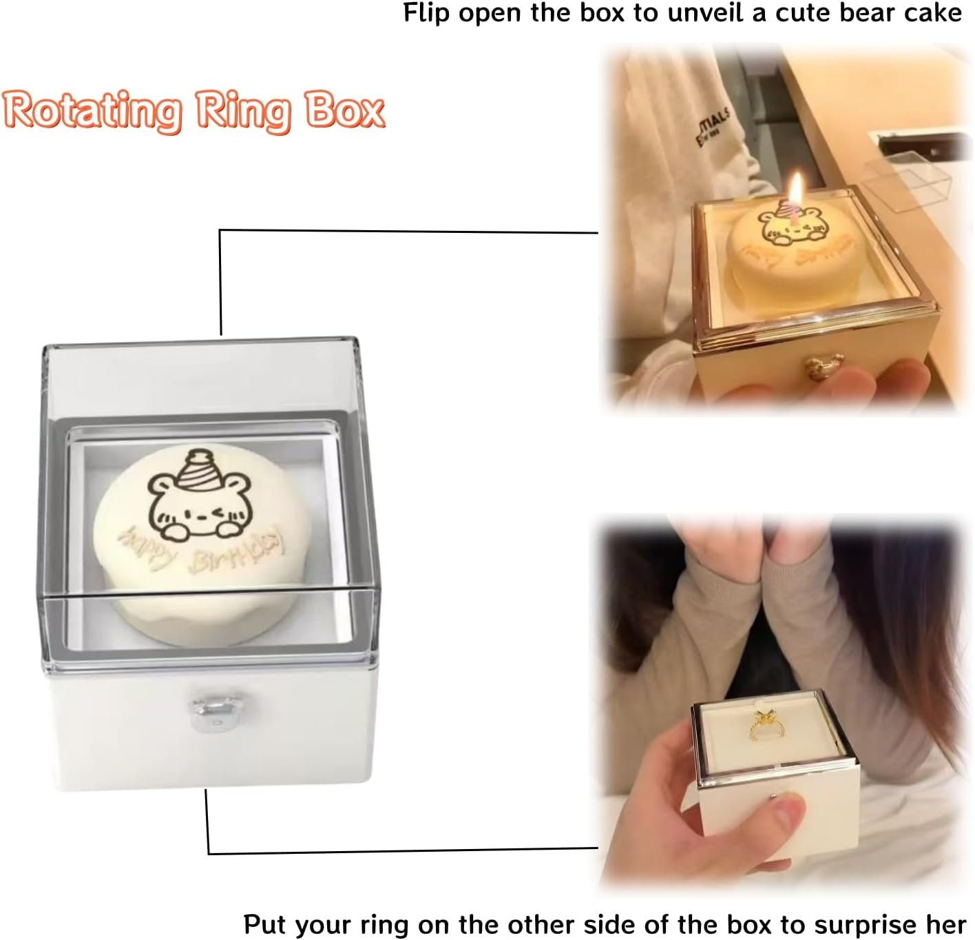Rotating Reversible Ring Box, Ring Holder Box with Candles, Birthday Cake & Little Bear Design, Romantic Proposal Jewelry Holder for Valentines, Anniversaries, Weddings, Birthday Gift for Her (Love)