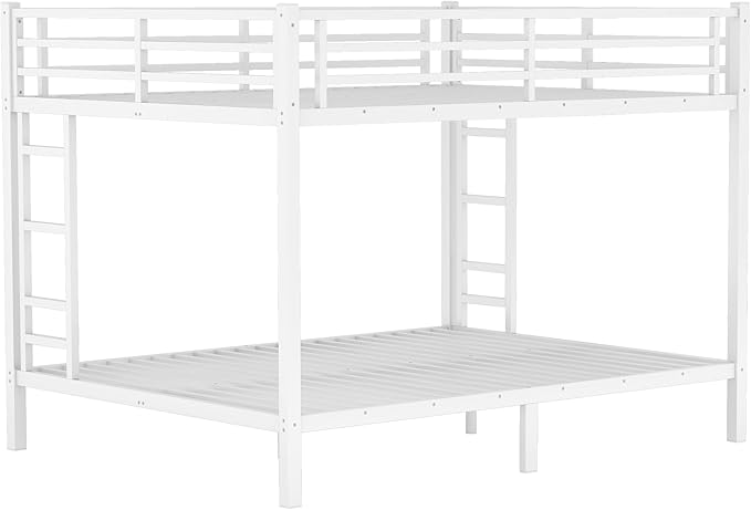 Queen Over Queen Metal Bunk Bed, Heavy Duty Bunk Bed with 2 Ladders, Space Saving Bed for Teens and Adults. Bunk Beds with Full Length Guardrail, White