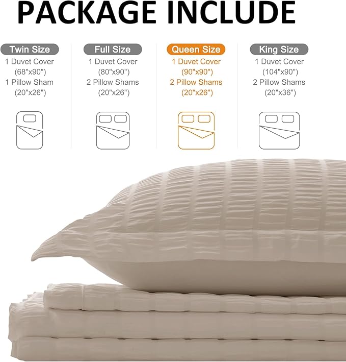 Cozyide Linen Duvet Cover Queen Size, 3 Pieces Bedding Duvet Covers, Soft Breathable Seersucker Duvet Cover Set with Zipper Closure and Corner Ties (1 Duvet Cover 90"x90" + 2 Pillow Shams 20"x26")