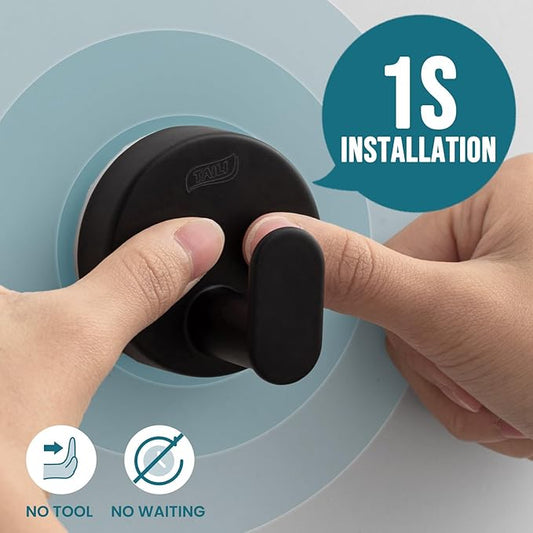 TAILI Stylish 304 Stainless Steel Bathroom Suction Hooks for Towel, Bathrobe, Loofah, No Damage Hanging Glass Shower Wall Hook, Patented Strong Suction Cup Holder, Hold Up to 11 Lbs, I-Cylinder Black