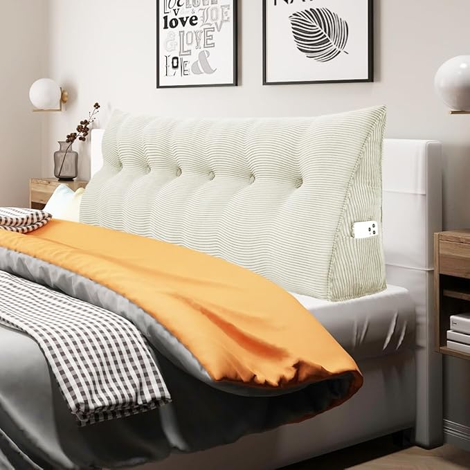 WOWMAX 100% Cotton Corduroy Headboard Pillow – California King Size Back Support Reading Wedge for Bed & Daybed, Plush Handmade Bolster Cushion with Removable Cover, Cozy Bed Rest Pillow, White