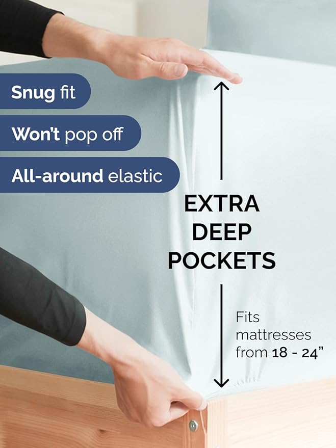 Extra Deep Pocket Twin XL Sheets - 3 Piece Breathable & Cooling Bed Sheets - Hotel Luxury Bed Sheet Set - Soft, Wrinkle Free & Comfy - Easily Fits Extra Deep Mattresses - Deep Pocket Ice Blue Sheets