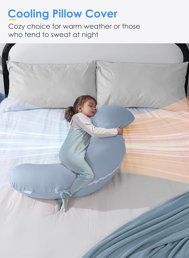 QUEEN ROSE Cooling Body Pillow, Full Body Support Pillow for Side Sleepers, Soft S Shaped Hug Pillow for Adults, with Removable Pillowcase, Blue