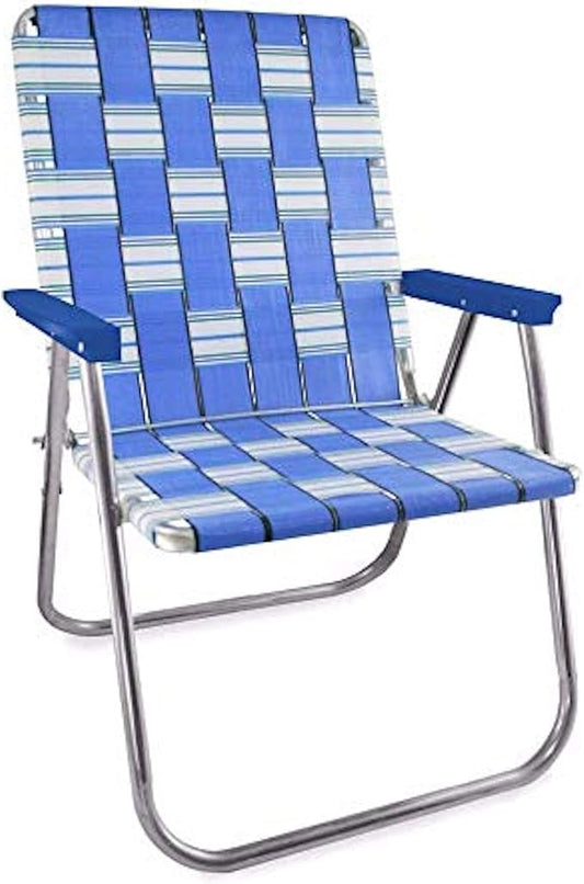 Lawn Chair USA Folding Aluminum Outdoor Patio Lawn Chair | Heavy-Duty Webbed Chairs for Camping, Sports, Beach, Yard & Tailgating | Lightweight Portable | Magnum - Blue Sands with Blue Arms
