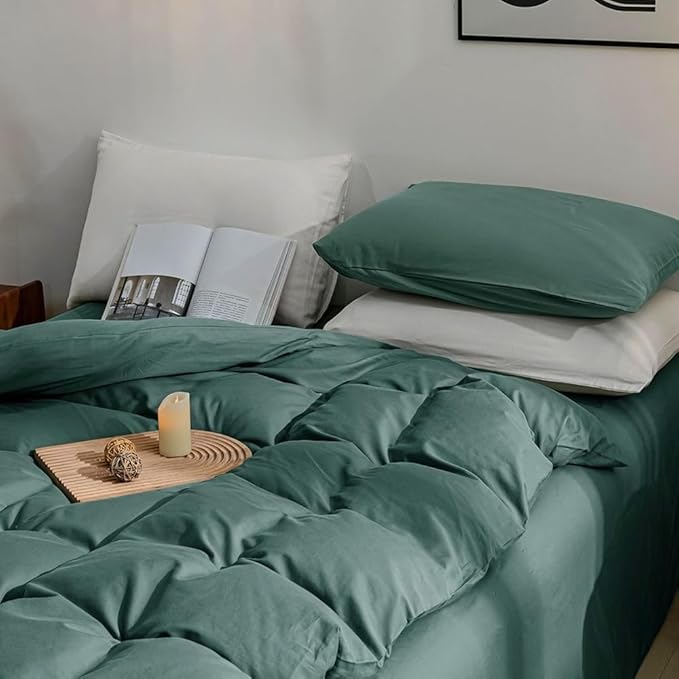 JELLYMONI Dark Green Bedding Duvet Cover Set - 100% Washed Cotton Linen Like Textured California King Comforter Cover, 3 Pieces Soft Bedding Set with Zipper Closure (Dark Green, Cal King 104"x98")