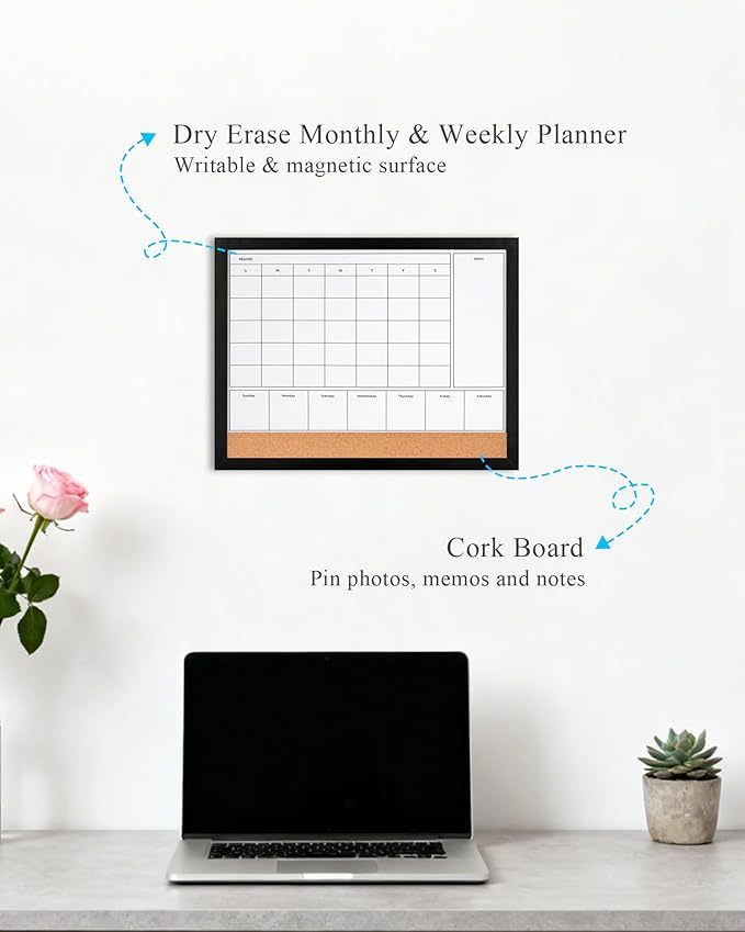 4-in-1 Dry Erase Calendar for Wall with Black Wooden Frame, 17x13 inches Magnetic Monthly & Weekly Planner Whiteboard, Cork Board Combo, Hanging White Board for Decor/Memo(4H1-BK Wood,4333)