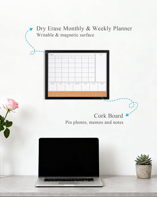 4-in-1 Dry Erase Calendar for Wall with Black Wooden Frame, 17x13 inches Magnetic Monthly & Weekly Planner Whiteboard, Cork Board Combo, Hanging White Board for Decor/Memo(4H1-BK Wood,4333)