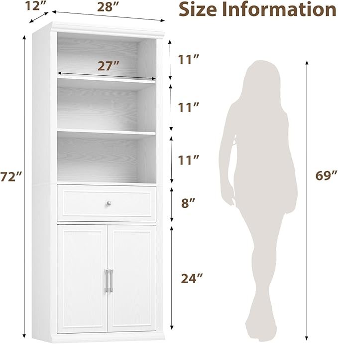 Rresyet Bookcase, 6 Tier White Bookshelf 28" W Tall Minimalist Bookshelves with Storage Cabinet Suitable for Offices, Libraries, Living Rooms