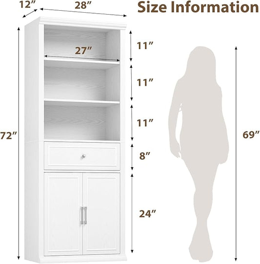 Rresyet Bookcase, 6 Tier White Bookshelf 28" W Tall Minimalist Bookshelves with Storage Cabinet Suitable for Offices, Libraries, Living Rooms