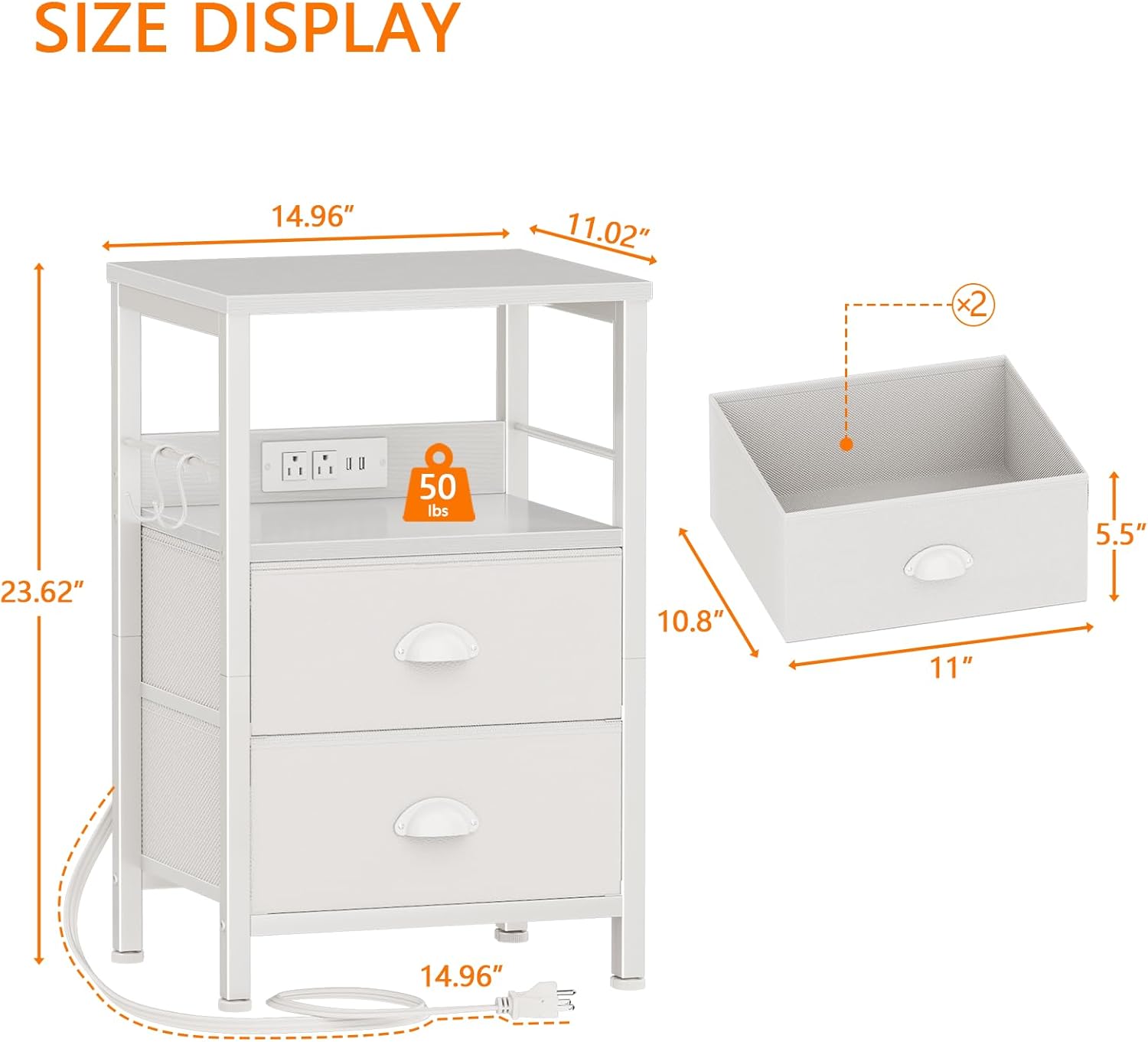 Furologee End Table with Charging Station, Nightstand with Fabric Drawers, Side Tables with USB Ports & Outlets, Night Stand with Storage Shelf & Hooks, for Living Room/Bedroom, White Dormly