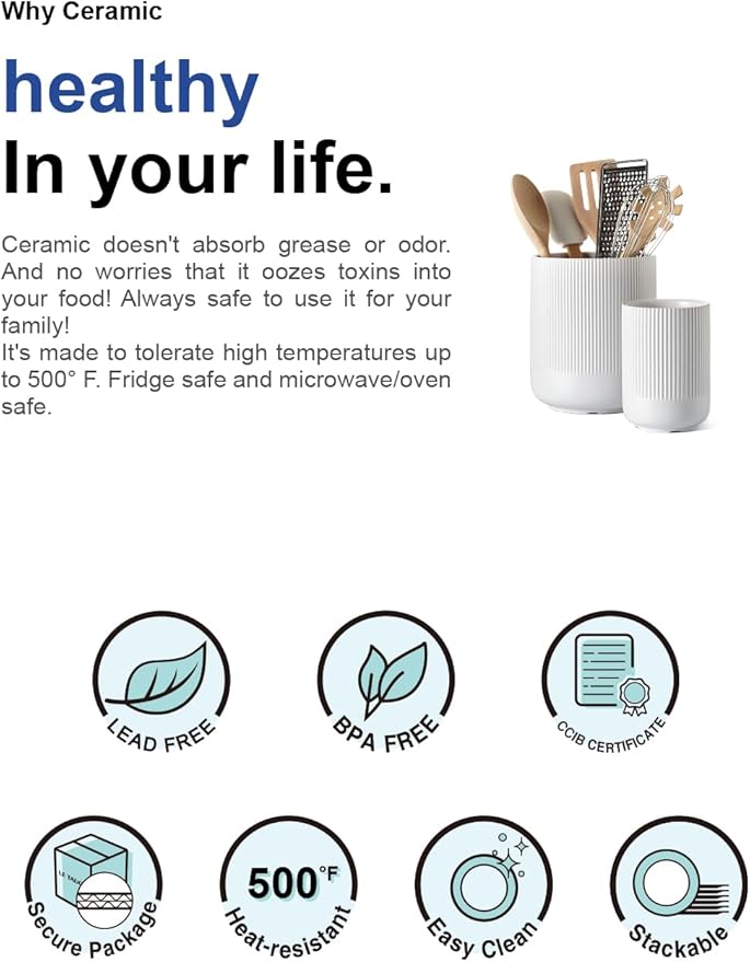 LE TAUCI Utensil Holder, 7.3"+5.4" Ceramic Kitchen Utensil Holder for Countertop, Large Cooking Utensil Crocks for Kitchen Counter Decor, Morden Utensil Organizer for Spatula, Set of 2, White
