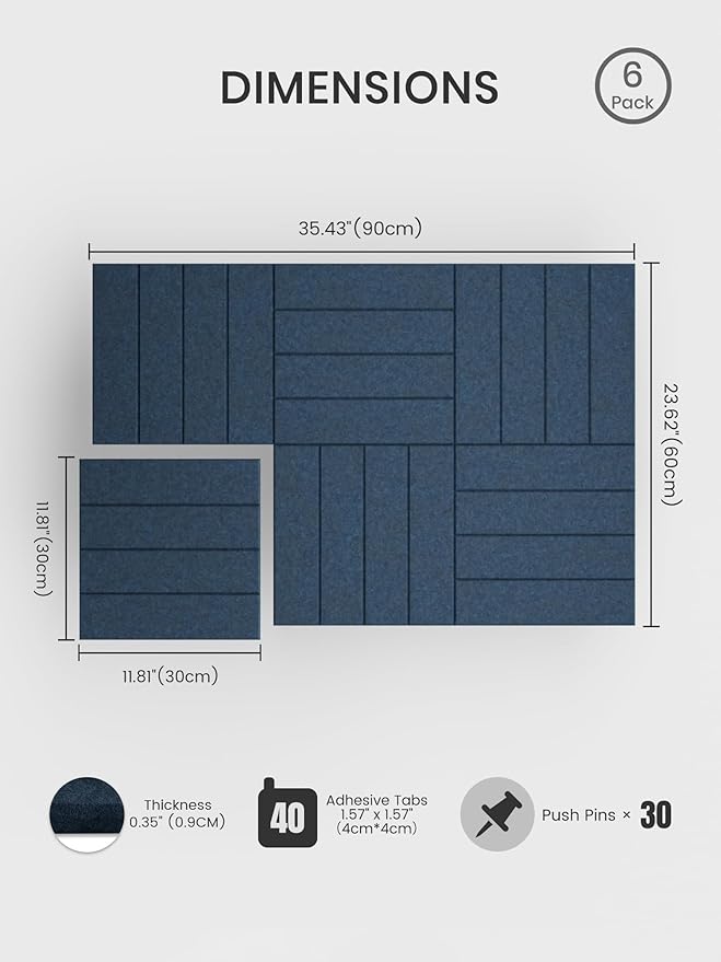 Bumusty Large Cork Board Alternative-36 x24 Felt Bulletin Board Tiles, with 30 Pushpins, 40 Adhesive Tabs, 6-Pack Slat Wall Paneling, Cork Boards for Office Push Pin Board Felt Board-Navy