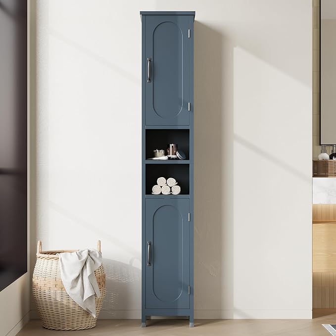 67" Tall Bathroom Storage Cabinet with Lights, Slim Narrow Bathroom Cabinet Organizer with Doors and Adjustable Shelves, Tall Cabinet for Small Space (66.9" Tall-Blue with Light, 1 Pack)
