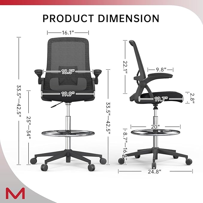 Drafting Chair with Mesh Backrest, Foot Ring,Tall Office Chair with Flip-Up Armrest,Set of 2 Counter Height Office Swivel Standing Desk Chair with Lumbar Support for Home,Office,Bar