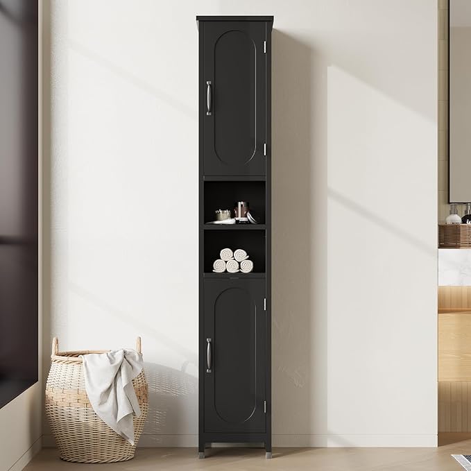 67" Tall Bathroom Storage Cabinet with Lights, Slim Narrow Bathroom Cabinet Organizer with Doors and Adjustable Shelves, Tall Cabinet for Small Space (66.9" Tall-Black with Light, 1 Pack)