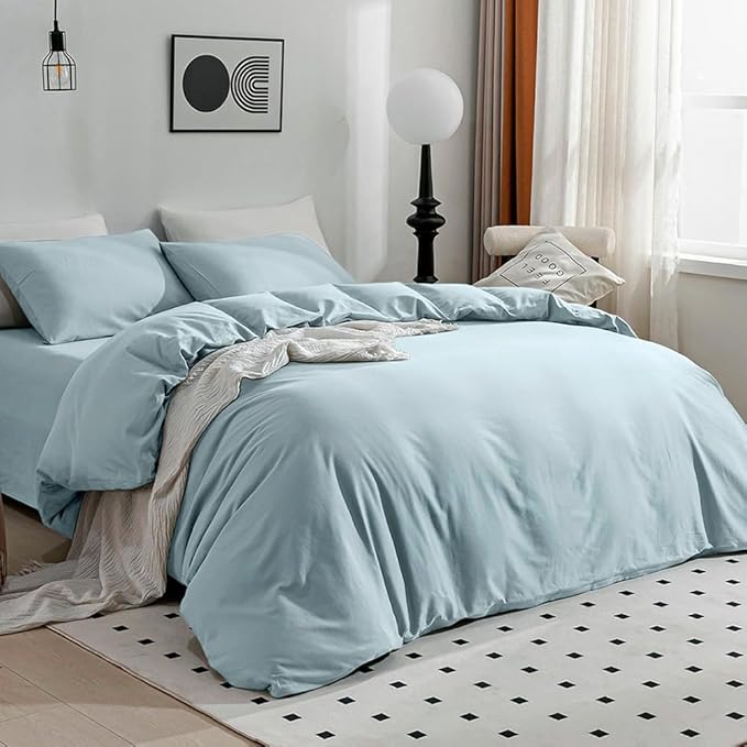 JELLYMONI Cotton Duvet Cover King Size - 100% Washed Cotton Linen Like Textured Comforter Cover, 3 Pieces Breathable Soft Bedding Set with Zipper Closure (Light Blue, 104"x 90")