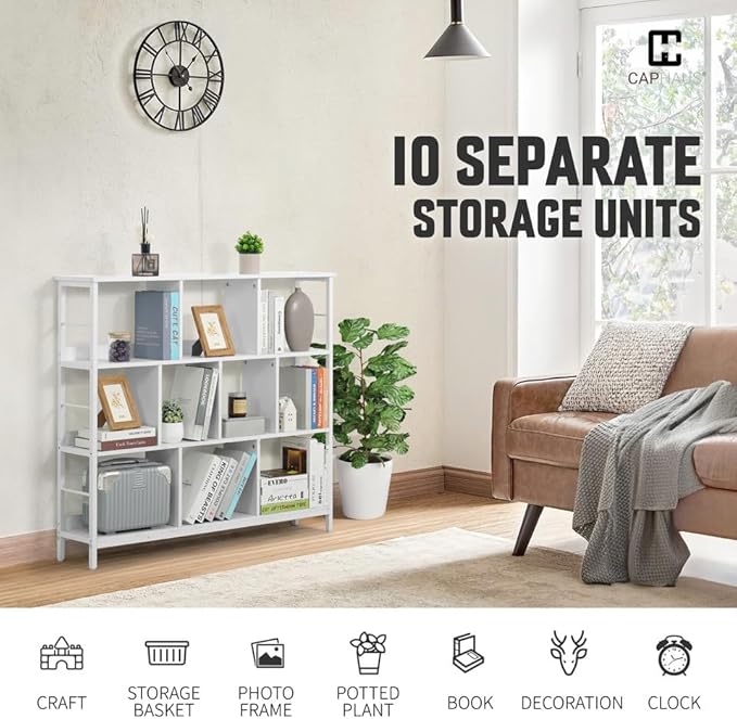 CAPHAUS 10 Cube Storage Organizer, 48” Wide 3 Tier White Industrial Open Shelf Bookcase, Display Shelf, Horizontal Bookshelf with Metal Frame, Wooden Board, for Living Room, Bedroom, Office