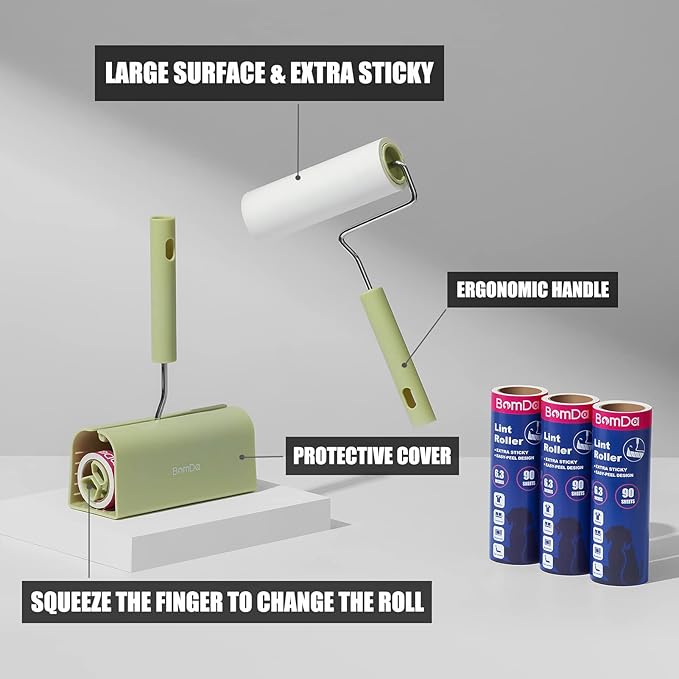 Extra Sticky Large Surface Lint Roller, 6.3'' Giant Lint Roller for Pet Hair, 360 Sheets/ 4 Refills, Long Handle Lint Remover for Clothes, Furniture, Dog & Cat Hair Remover (360 Sheets)